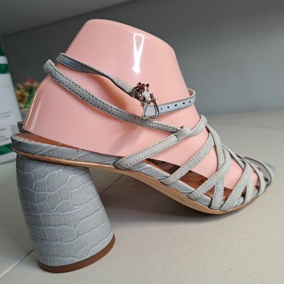 Sam Edelman Daffodil Gray Leather Croc Embossed Strappy Block Heel Sandals 9M - Picture 6 of 10